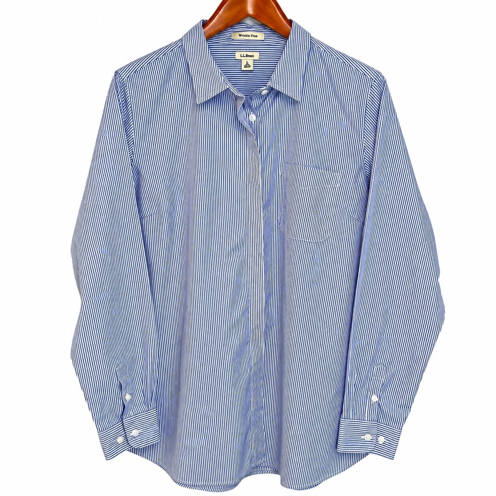 LL Bean Womens Blue White Pinstripe Wrinkle Free Cotton Button Down Shirt L